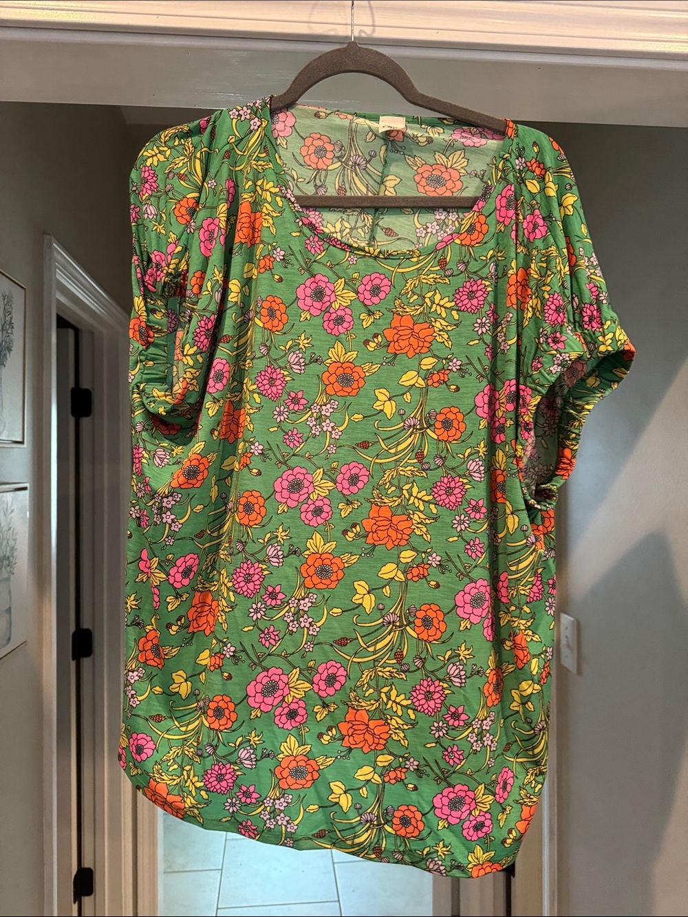 Sew In Love Green Floral Scoop Neck Tunic with Pink & Orange Blooms